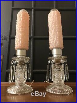 Antique Boudoir Lamp bullet 1930's Art Deco vanity table pair crystal torpedo