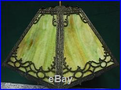 Antique Bradley Hubbard 6 Panel Green Slag Glass Table Lamp Handel Era