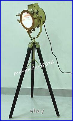 Antique Brass COLLECTIBLE SPOT SEARCH LIGHT WITH FLOOR NAUTICAL TRIPOD LAMP