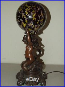 Antique Bronze Art Deco Figural Nude Mermaid Woman Table Lamp with Art Glass Shade