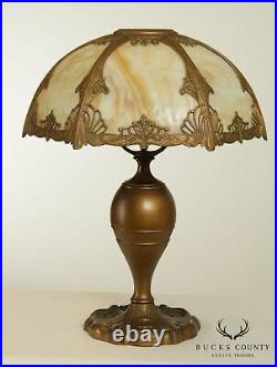 Antique Butterscotch Slag Glass Shade and Bronze Colored Table Lamp