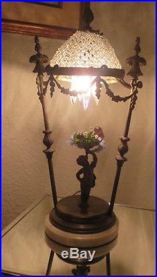 Antique Czech Glass Bronze Cherub Boudoir Table Lamp on Marble base