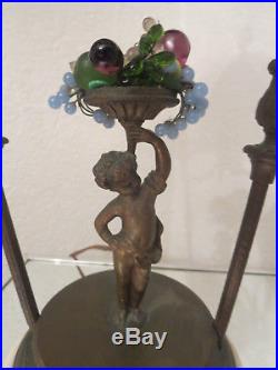 Antique Czech Glass Bronze Cherub Boudoir Table Lamp on Marble base