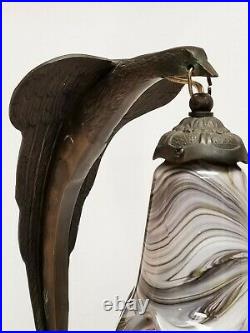 Antique DECO Bronze Figural Legendary PHOENIX Table Lamp Art Glass Shade