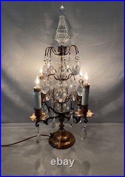 Antique French Crystal Girandole 4 Arm Table Lamp Chandelier Copper 22H