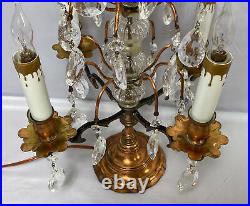Antique French Crystal Girandole 4 Arm Table Lamp Chandelier Copper 22H