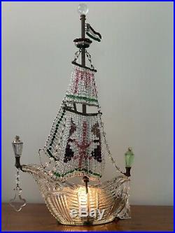 Antique French Figural Crystal Czech Beaded Ship Galleon Chandelier Lamp Bagues
