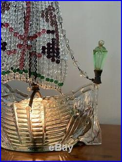 Antique French Figural Crystal Czech Beaded Ship Galleon Chandelier Lamp Bagues