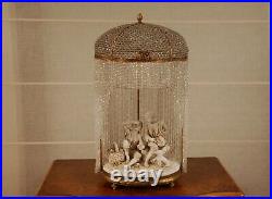 Antique French Victorian bronze crystal beaded lamp porcelain figurine sculpture