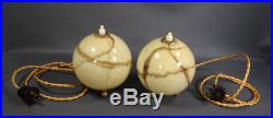 Antique German Bauhaus Art Deco Gild Marbled Slag Glass Ball Table Lamps pair