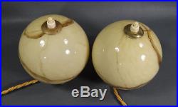 Antique German Bauhaus Art Deco Gild Marbled Slag Glass Ball Table Lamps pair