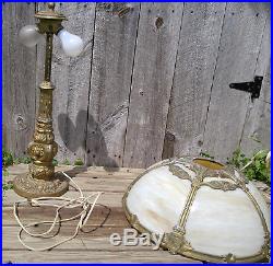 Antique H. A. Best Lamp Co. 2 Socket Gold 5 Panel Caramel Slag Glass Table Lamp