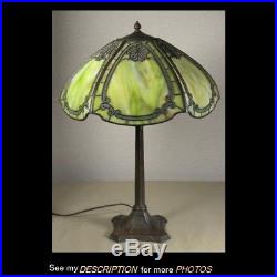 Antique HANDEL Lamp Green Leaf Teroca Overlay Shade Panel Glass Lamp