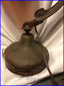 Antique Handel Harp Arts & Crafts Bronze Desk Table Working Lamp Art Glass Shade