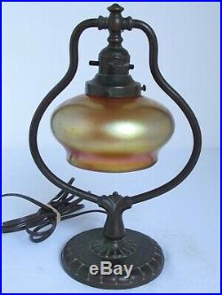 Antique Handel Harp Table or Desk Lamp with Art Glass Shade