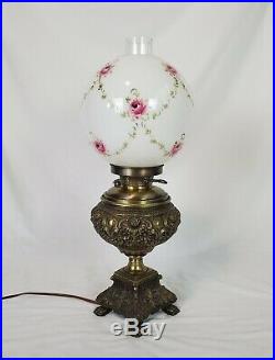 Antique Hurricane 3 Way Hand Painted GWTW Banquet Parlor Globe Table Lamp Brass