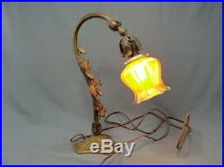 Antique Iron Desk Table Lamp Quezal Glass Pulled Feather Squash Blossom Shade
