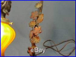 Antique Iron Desk Table Lamp Quezal Glass Pulled Feather Squash Blossom Shade