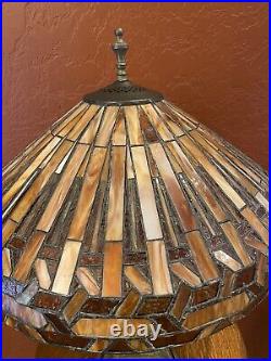 Antique Iron Eiffel Tower Art Deco Lamp 20 Leaded Stain Glass Shade Handel Era