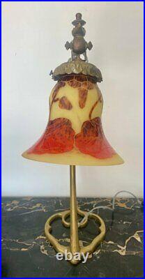 Antique Lamp Poppy Gérard Glass Satin French Opalescent Bronze Rose Flower Table