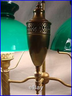 Antique Lg. Emeralite Brass Double Cased Green Glass Shade Student Lamp BEST