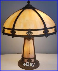 Antique Lighted Base Slag Glass 6 Panel Electric Table Lamp Arts & Crafts Style