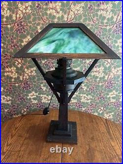 Antique MISSION Oak Slag Green Glass Table Lamp 24.5 Arts & Crafts W. B. Brown