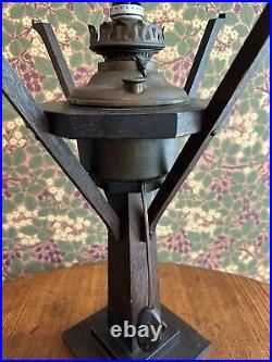 Antique MISSION Oak Slag Green Glass Table Lamp 24.5 Arts & Crafts W. B. Brown
