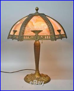 Antique Miller Lamps Two Socket Bent Slag Caramel Glass Panel Table Lamp
