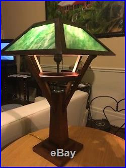 Antique Mission Arts And Crafts Oak Slag Glass Table Lamp