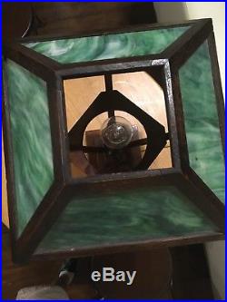 Antique Mission Arts And Crafts Oak Slag Glass Table Lamp