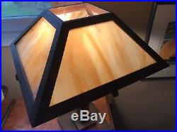 Antique Mission Oak Wood Slag Glass Panel Table Lamp Arts & Crafts Era