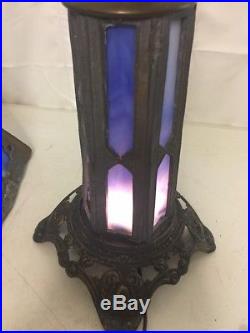 Antique PEH cast Spelter & Blue Slag Glass Victorian Art Deco Table Lamp 22