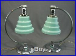 Antique Pair Chase Chrome Art Deco Table Lamps French Vianne Mint Glass Shades