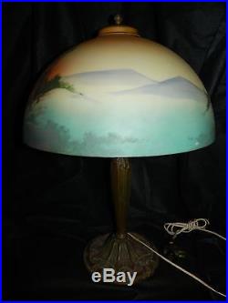 Antique Pittsburgh P. L. B. & G. Co. Obverse Country Painted Glass Shade Brass Lamp