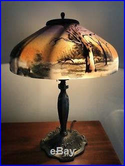 Antique Pittsburgh Reverse Painted Winter Pine Tree Shade Desk Lamp