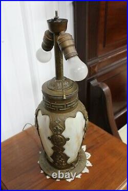 Antique Rare Figural Art Nouveau Bent Slag Glass Table Panel Lamp Lighted Base