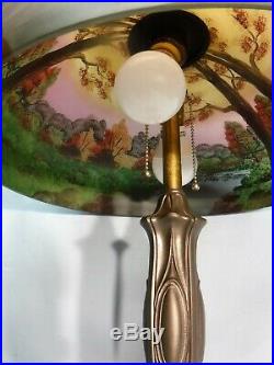 Antique Reverse Painted Signed Miller Co. 285 Table Lamp Stream & Trees Scene