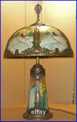 Antique Reverse Painted Table Lamp with Original Polychrome Panel Glass Shade Vtg