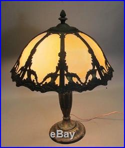 Antique SIGNED RAINUAD Bent Panel Slag Glass Lamp c. 1915 Art Nouveau