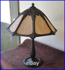 Antique Signed Bradley & Hubbard 8 Panel Slag Glass Table Lamp