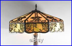 Antique Slag Bent Glass Eight Panel Table Lamp 2 Sockets Leaf Bark Details 18