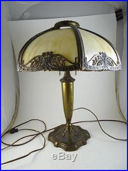 Antique Slag Glass Art Nouveau Table Panel Lamp Bronze Flower Vintage 1910s Old