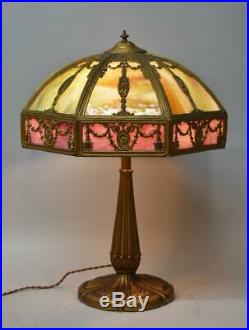 Antique Slag Glass Bent Panel Table Lamp 17 Shade Rose, Green, carmel