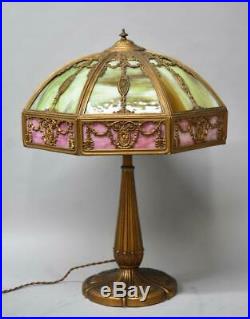 Antique Slag Glass Bent Panel Table Lamp 17 Shade Rose, Green, carmel