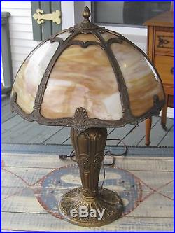 Antique Slag Glass Table Lamp, 6 Bent Panel, Floral Design On Base