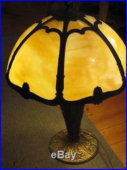 Antique Slag Glass Table Lamp, 6 Bent Panel, Floral Design On Base