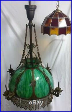 Antique Slag Glass Victorian Swag Lamp Gas & Electric, Hubbell Socket Circa 1890