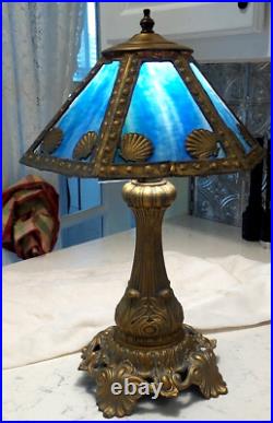 Antique Table Lamp Metal With Stain Glass Inserts Sea Shells