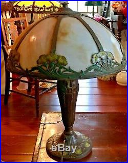 Antique Table Lamp Slag Glass Curved 8-Panel Overlay Shade Signed A&R
